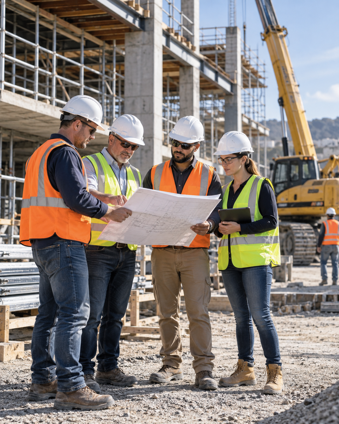 Construction professionals reviewing project plans